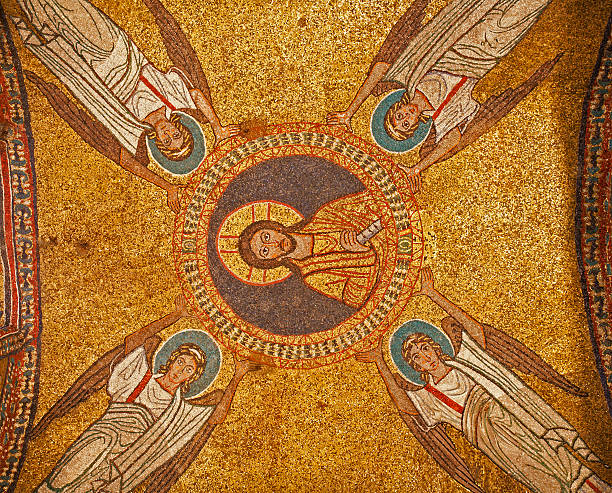 Rome - old mosaic from roof of side chapel from Santa Prassede church. Jesus and the archangels
