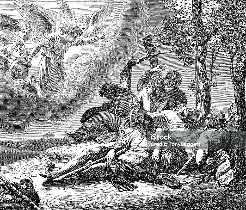 Annunciation To The Shepherds, Birth Of Jesus Christ An engraved vintage illustration image of the annunciation to the shepherds of  the birth of Jesus Christ, from a Victorian book dated 1879 that is no longer in copyright Shepherd stock illustration