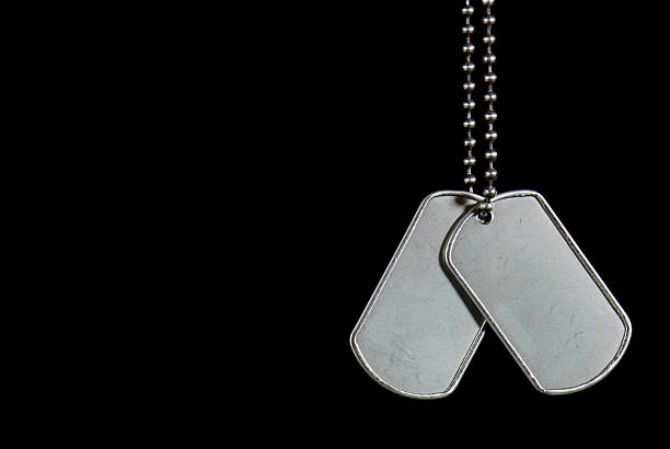 Hanging military dog tags stock photo