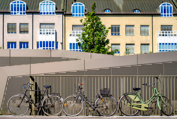 Munich, Germany - August 16: group of bicycles at a street in the old town of munich on August 16, 2023
