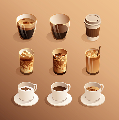 Vector Illustration of Coffee Isometric Icon Set and Three Dimensional Design. Coffee, Americano, Espresso, Latte, Mocha, Cafe, Coffee Break, Drink, Frappuccino, French Press, Barista.