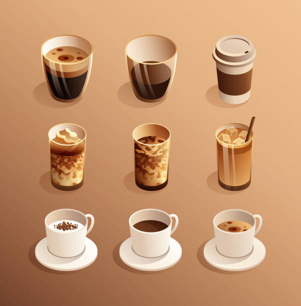 Vector Illustration of Coffee Isometric Icon Set and Three Dimensional Design. Coffee, Americano, Espresso, Latte, Mocha, Cafe, Coffee Break, Drink, Frappuccino, French Press, Barista. Vector Illustration of Coffee Isometric Icon Set and Three Dimensional Design. Coffee, Americano, Espresso, Latte, Mocha, Cafe, Coffee Break, Drink, Frappuccino, French Press, Barista. coffee cup coffee hot chocolate coffee bean stock illustrations