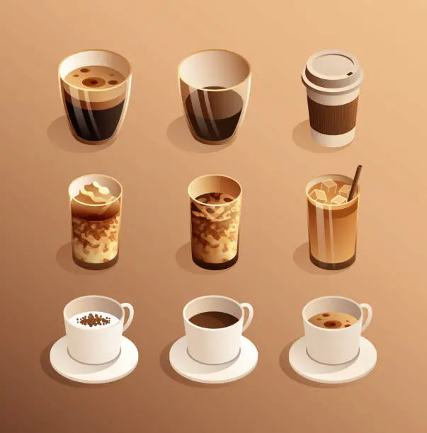 Vector illustration of Vector Illustration of Coffee Isometric Icon Set and Three Dimensional Design. Coffee, Americano, Espresso, Latte, Mocha, Cafe, Coffee Break, Drink, Frappuccino, French Press, Barista.
