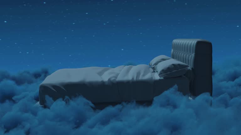 cozy bed flying over fluffy clouds at night