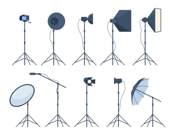 istock Different types of professional lighting equipment for blogging, vlogging and studio photo and video. Vector illustration. 1787983618