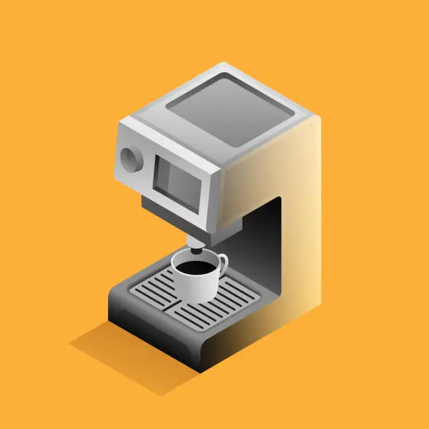 Vector illustration of Vector Illustration of Coffee Maker Isometric Icon and Three Dimensional Design. Coffee, Americano, Espresso, Latte, Mocha, Cafe, Coffee Break, Drink, Frappuccino, French Press, Barista.