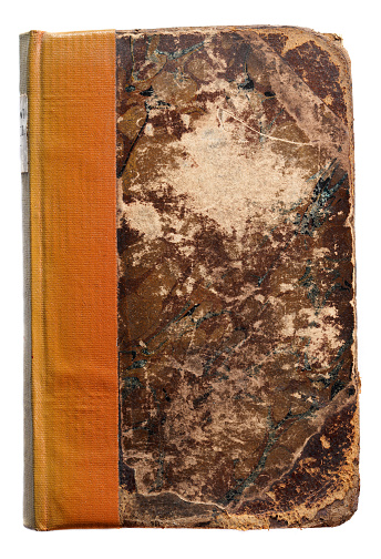 Scuffed damaged Antique book cover, repaired with tape, original book 18th Century