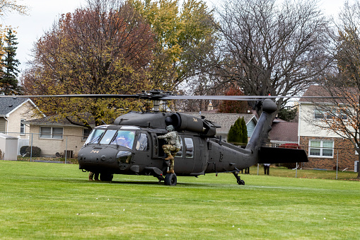 Arlington Heights, IL, USA - November 10, 2023: Blackhawk helicopter on display at Hersey High School in honor of Veterans Day