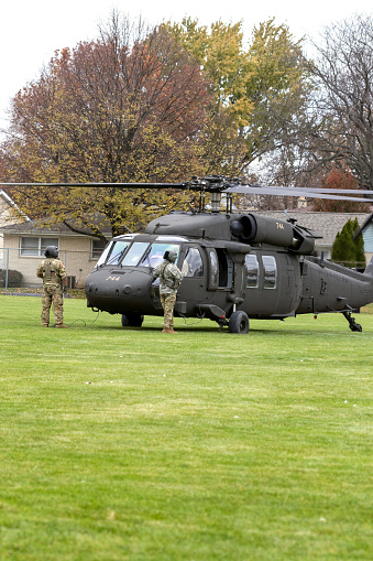 Arlington Heights, IL, USA - November 10, 2023: Blackhawk helicopter on display at Hersey High School in honor of Veterans Day