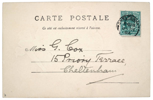 istock Vintage Antique postcard, British half panny postage Stamp, 1900s, Old-fashioned, Nostalgia, British half panny postage Stamp, priory terrace cheltenham 1787999864