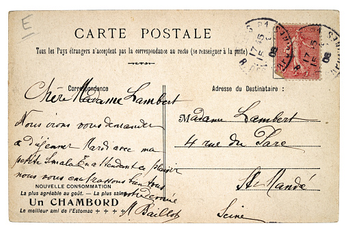 Vintage Antique postcard, French 1900s, Handwriting, Old-fashioned, Nostalgia. Correspondence, Postage Stamp