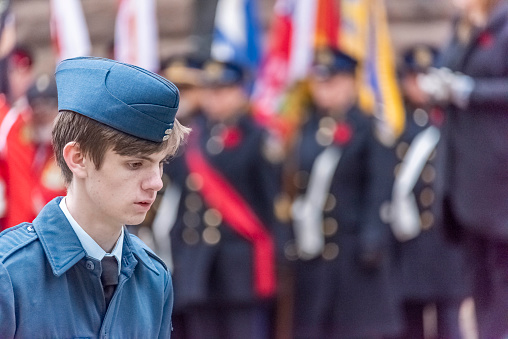 Toronto Ontario, Canada- November 11th, 2023: A portrait of a cadet at the Remembrance Day at Old City Hall in downtown Toronto.