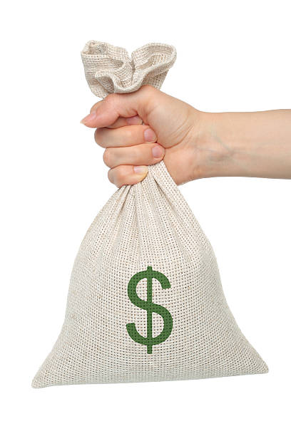 Hand holding a canvas moneybag isolated on white background stock photo