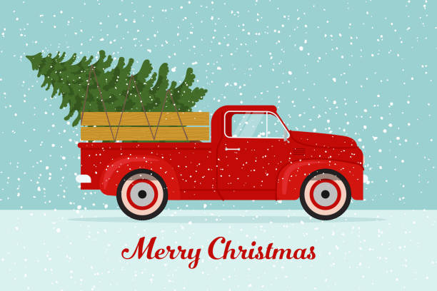 istock Retro pickup truck with a Christmas tree. Vector illustration in vintage style 1788022121