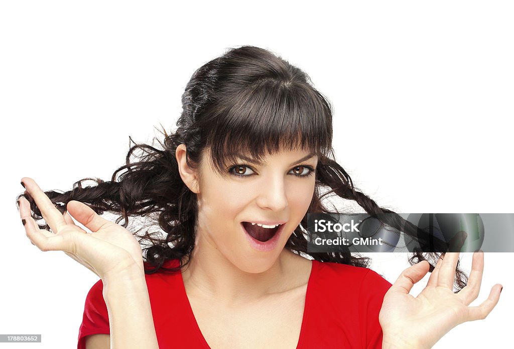 Portrait of pretty young woman wearing  top , laughing at camera "Portrait of pretty young woman wearing  top , laughing at camera.White background" 20-24 Years Stock Photo