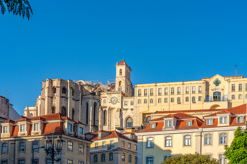 The view of Carmo Convent from Rossio square, Lisbon, Portugal.