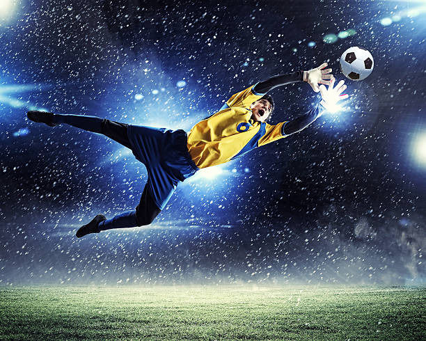Goalkeeper catches the ball stock photo