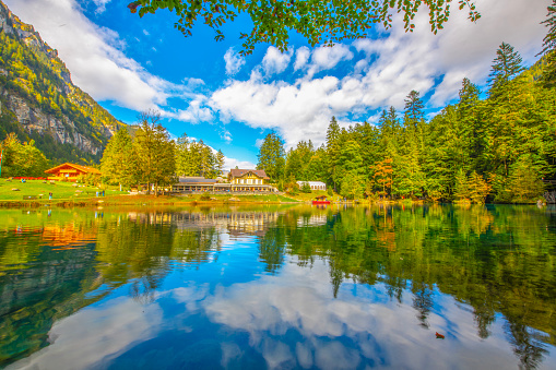 Scenic view of Blausee, a small lake in Kandersteg, Bern canton, Jungfrau region, Switzerland