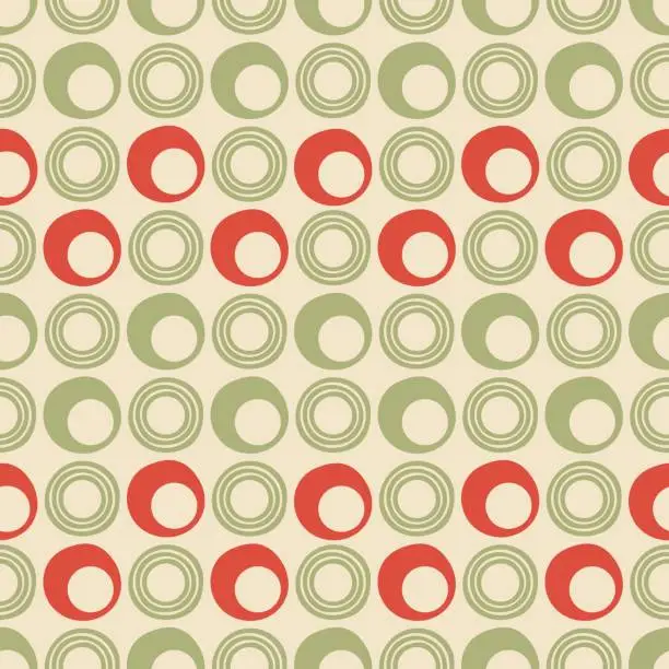Vector illustration of Simple geometric seamless pattern with creative circles in rows in earthy Christmas colors. Repeated tile in vintage style. Good for wallpaper, textile, wrapping paper, invitation. Vector illustration