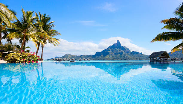 Panoramic view of blue ocean in Bora Bora stock photo