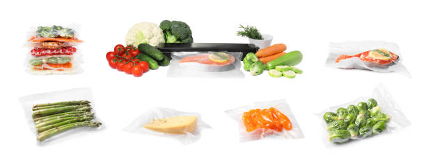istock Set with vacuum packs with different products on white background. Banner design 1788080438