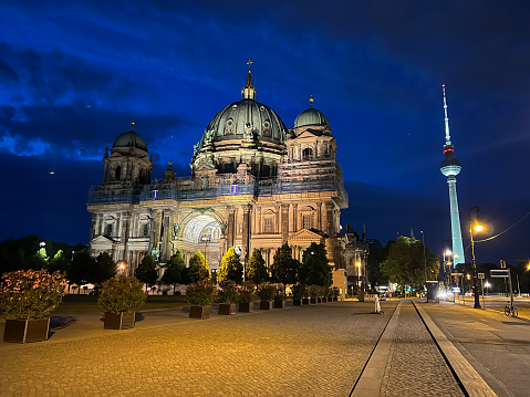 Germany, Berlin - 2022, May: Berlin Cathedral and TV Tower at night