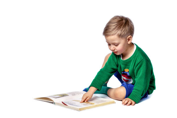 The child looks with interest at the pictures in the book read to him. Isolated on white, space for text. Early childhood development concept.