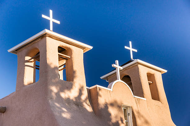 Bell tower at the church of St. Francis of Assisi in Taos, New Mexico made famous by photographer