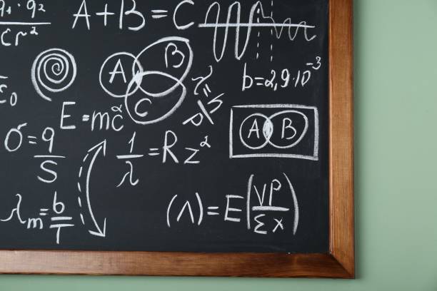 istock Blackboard with different physical formulas written with chalk on light green wall 1788124111