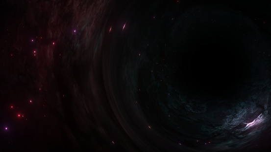 Black hole passing a red blue galaxy nebula star cluster with shining solar systems in infinite cosmos. Concept 3D illustration for depiction of gravitational lens effect of a singularity in universe.