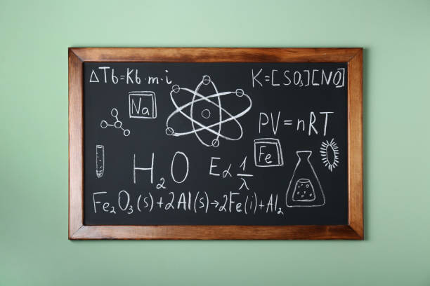 istock Blackboard with different chemical formulas written with chalk on light green wall 1788127870