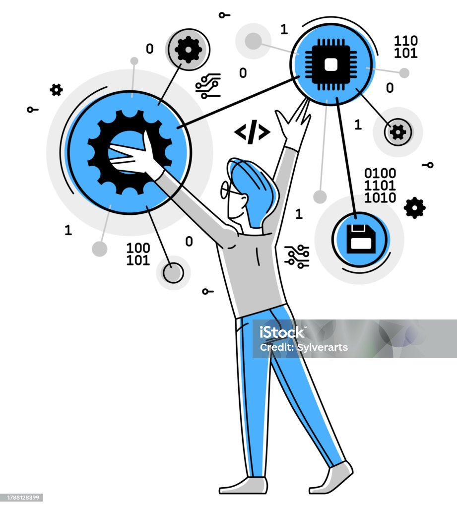 Computer Software Engineer Vector Computer Engineer In Work Vector Outline Illustration Programmer And ...
