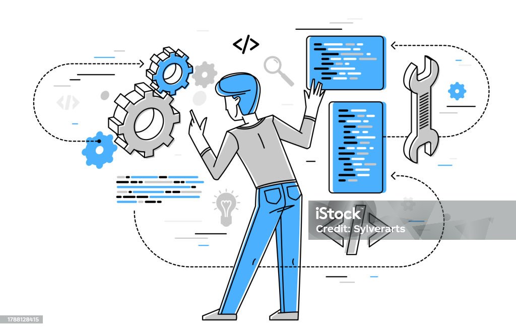Programmer Is Coding And Repairing Some Machine System Vector Outline ...
