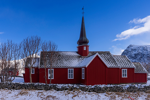 Flakstad Church, a parish church of the Church of Norway in the municipality of Flakstad in Nordland County  on the Lofoten Islands; Flakstad, Norway