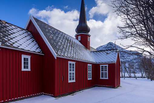 Flakstad Church, a parish church of the Church of Norway in the municipality of Flakstad in Nordland County  on the Lofoten Islands; Flakstad, Norway
