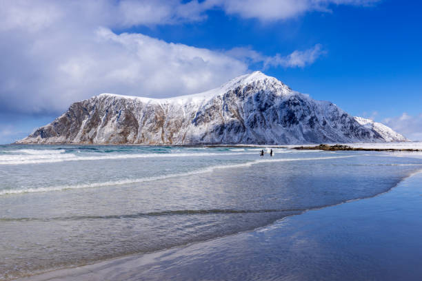 Unstad beach, Europe's northern surf spot, in Norway's Lofoten islands stock photo