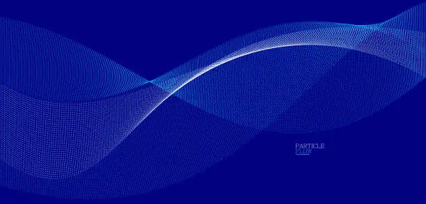 Vector illustration of Blue dots in motion dark vector abstract background, particles array wavy flow, curve lines of points in movement, technology and science illustration.