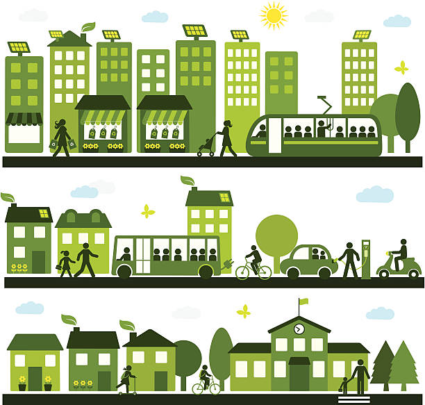 ilustraciones, imágenes clip art, dibujos animados e iconos de stock de sostenible de la ciudad - transporte escolar