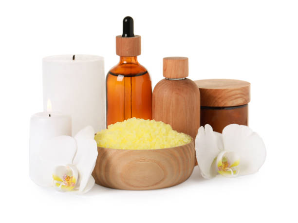 istock Beautiful spa composition with different care products and flowers on white background 1788135291