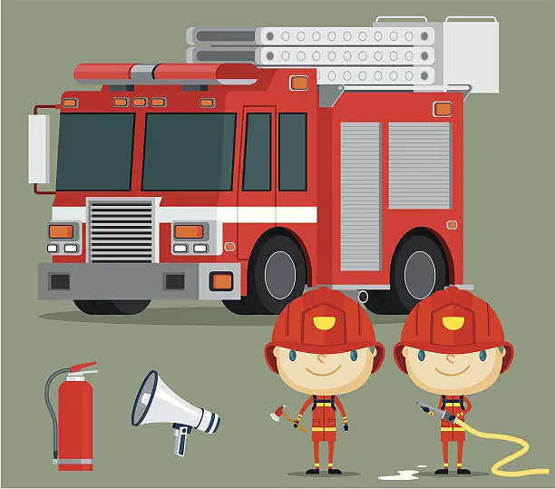 Vector illustration of Fire Truck and Fireman