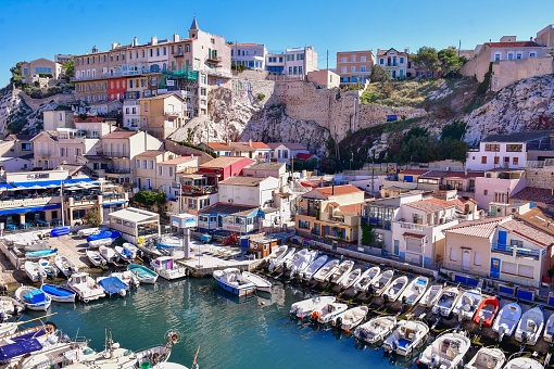 Overview of small fishing port in  Marseilles, Provence, France