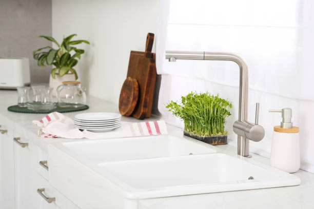 istock Stylish white sinks, utensils and microgreens in kitchen 1788146423