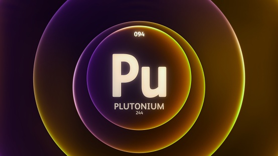 Plutonium as Element 94 of the Periodic Table. Concept illustration on abstract orange purple gradient rings seamless loop background. Title design for science content and infographic showcase display.