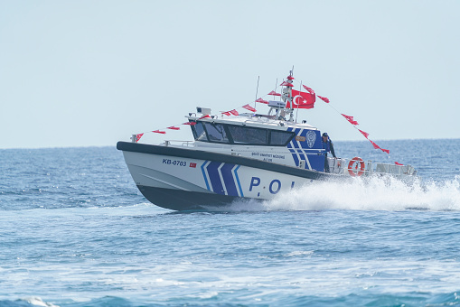 Turkey- Antalya, 11.11.2023: Antalya Police boat conducts protection patrol during the Turkish Stars show