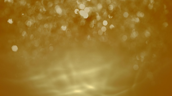 Abstract golden orange sparkling water bokeh glitter mock-up background. Concept 3D illustration for luxury showcase product packshot backplate. Elegant Festive holiday season backdrop template.