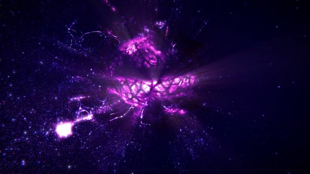 abstract purple blue rotating futuristic quantum plasma ball showcase background - neutrino imagens e fotografias de stock