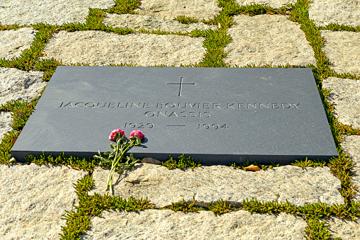 The headstone of Jacqueline Bouvier Kennedy Onassis at Arlington National Cemetery in Virginia