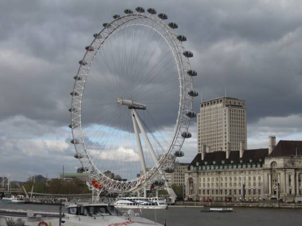 London, United Kingdom – August 08, 2018: The beautiful London Eye over the water under a cloudy sky