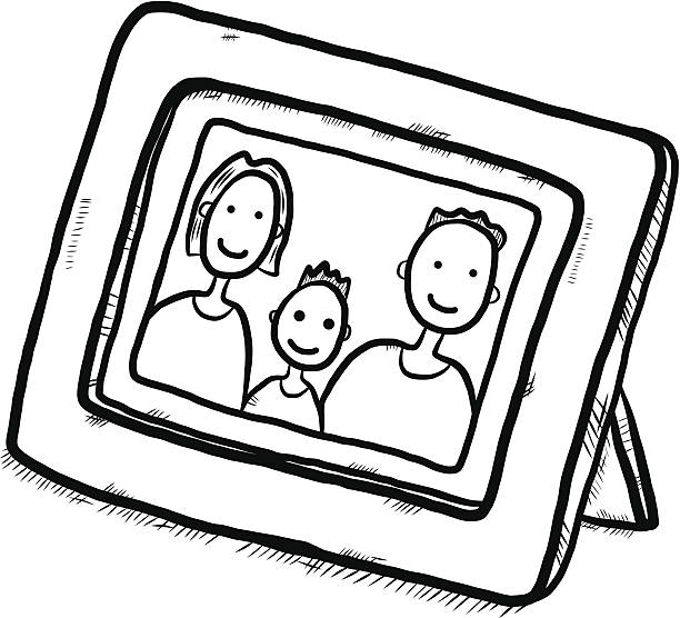 Family photo cartoon family picture in wooden frame, there are mother, father and son / cartoon vector and illustration, isolated on white background. pencil drawing photos stock illustrations