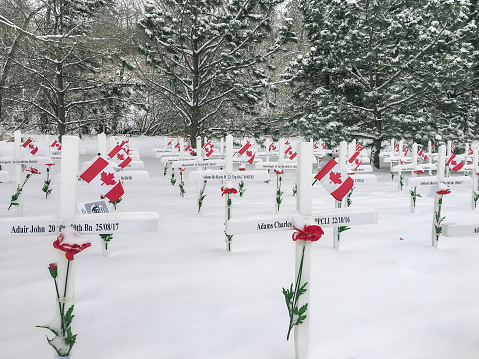 Calgary, Alberta, Canada - November 2017: Field of Crosses, 3500 crosses are displayed along Memorial Drive in the from the first of November 'till Remembrance Day on November 11th. The 3500 crosses are to commemorate the fallen soldiers (of Southern Alberta)